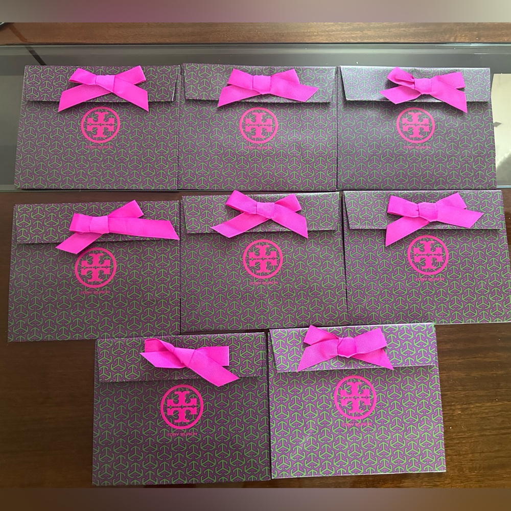 Tory Burch Shopping Bag Lot of 8 - flap with pink bow purple & green pattern